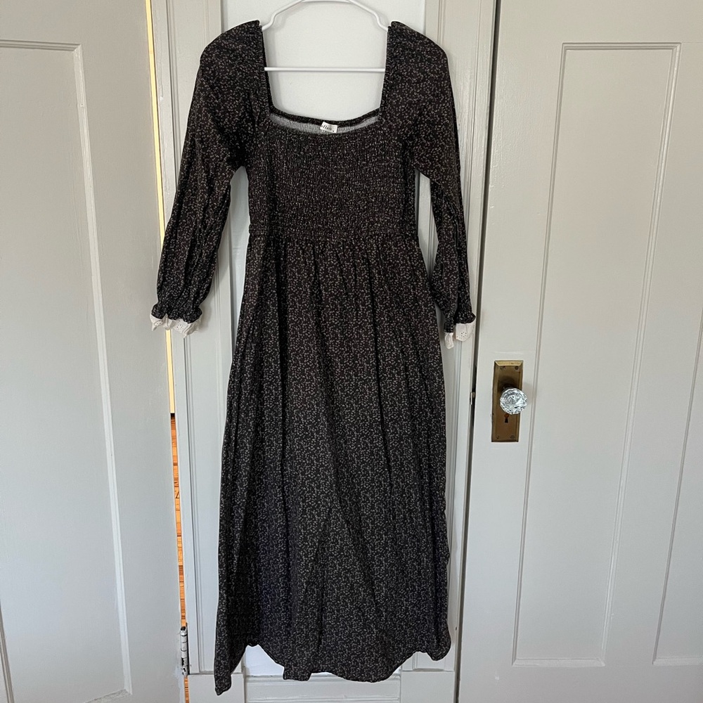Smocked Square-Neck Black Floral Maxi Dress